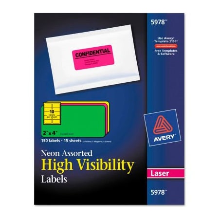 Avery Shipping Label, 2" Label W, 10 Labels per Sheet Neon Yellow 5978